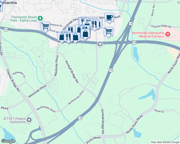 map of restaurants, bars, coffee shops, grocery stores, and more near 390 Braeden Way in Alpharetta