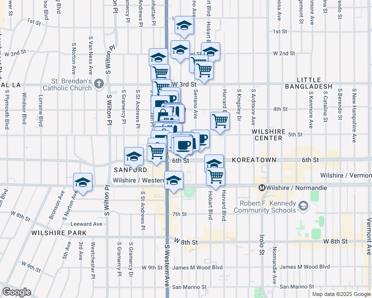 map of restaurants, bars, coffee shops, grocery stores, and more near 534 South Oxford Avenue in Los Angeles
