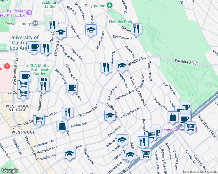 map of restaurants, bars, coffee shops, grocery stores, and more near 10450 Wilshire Boulevard in Los Angeles