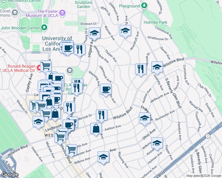 map of restaurants, bars, coffee shops, grocery stores, and more near 10600 Le Conte Avenue in Los Angeles