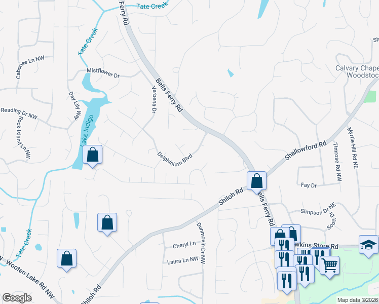 map of restaurants, bars, coffee shops, grocery stores, and more near 569 Delphinium Boulevard in Acworth