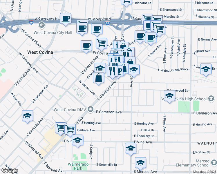 map of restaurants, bars, coffee shops, grocery stores, and more near 633 South Glendora Avenue in West Covina