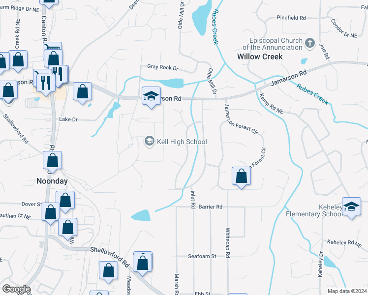 map of restaurants, bars, coffee shops, grocery stores, and more near 4645 Jamerson Creek Drive in Marietta