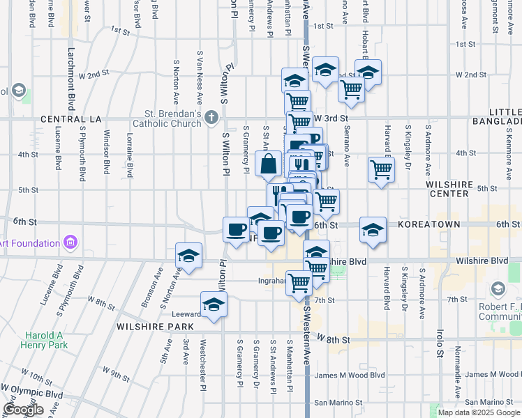 map of restaurants, bars, coffee shops, grocery stores, and more near 533 South Saint Andrews Place in Los Angeles