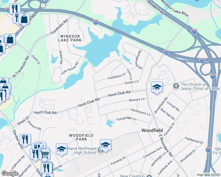 map of restaurants, bars, coffee shops, grocery stores, and more near 7748 Exeter Lane in Columbia