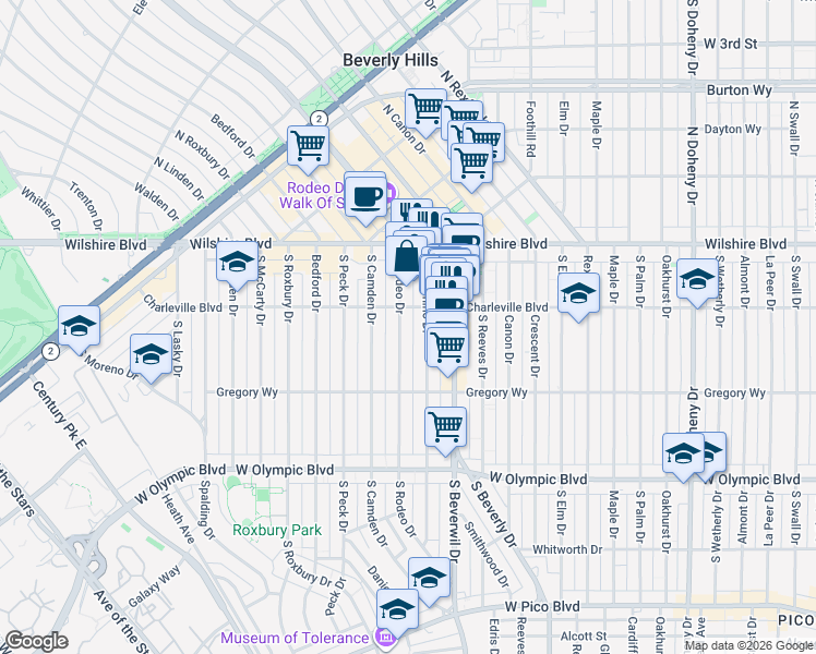 map of restaurants, bars, coffee shops, grocery stores, and more near 208 South Rodeo Drive in Beverly Hills