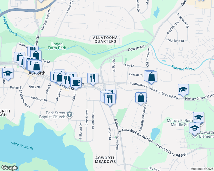 map of restaurants, bars, coffee shops, grocery stores, and more near 4565 Spring Street in Acworth