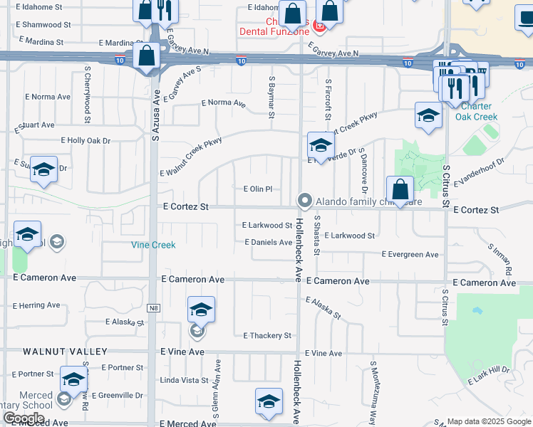 map of restaurants, bars, coffee shops, grocery stores, and more near 2106 East Cortez Street in West Covina