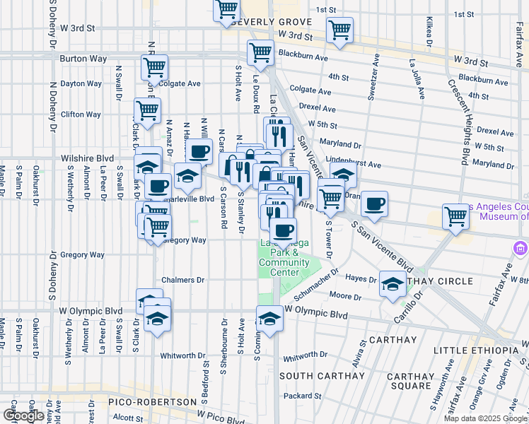 map of restaurants, bars, coffee shops, grocery stores, and more near 208 Le Doux Road in Beverly Hills