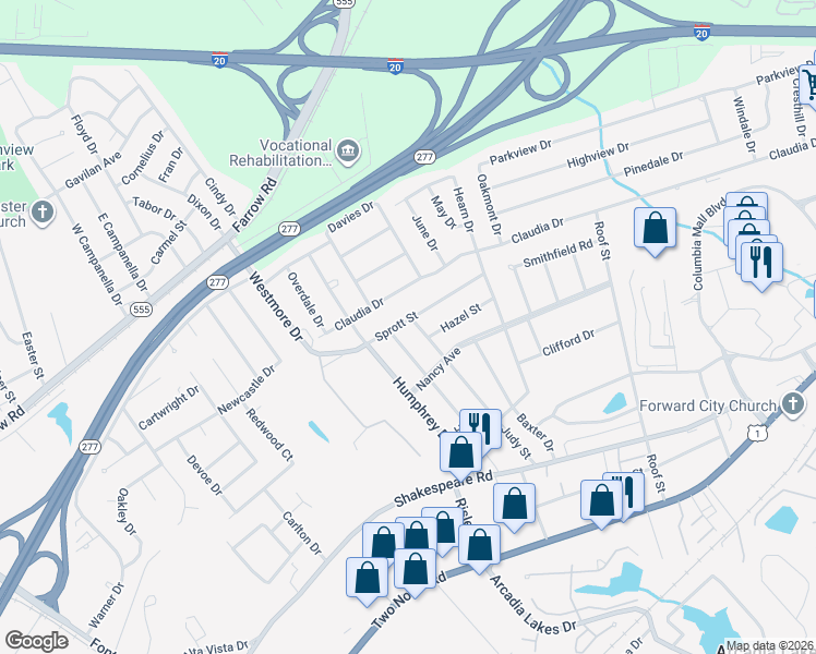 map of restaurants, bars, coffee shops, grocery stores, and more near 7038 Sprott Street in Columbia