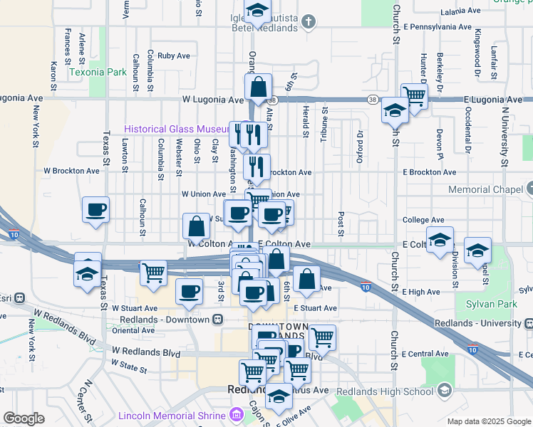 map of restaurants, bars, coffee shops, grocery stores, and more near 907 Alta Street in Redlands