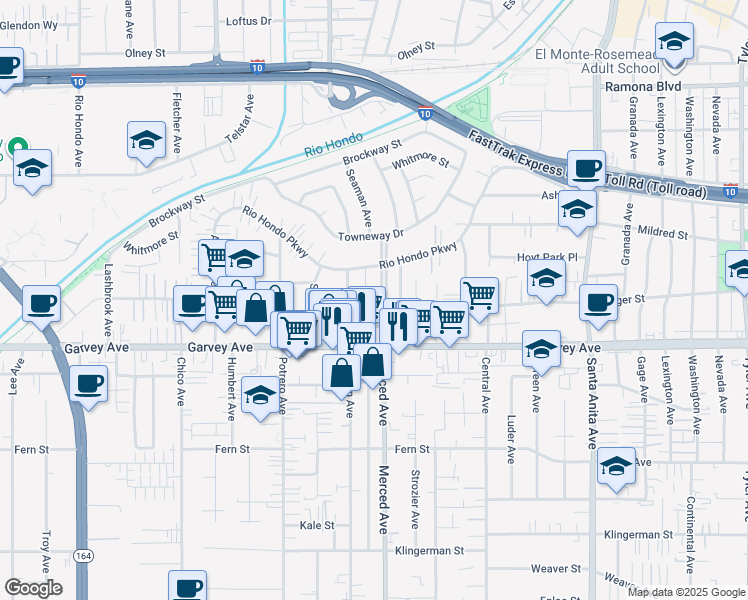 map of restaurants, bars, coffee shops, grocery stores, and more near 3119 Merced Avenue in El Monte