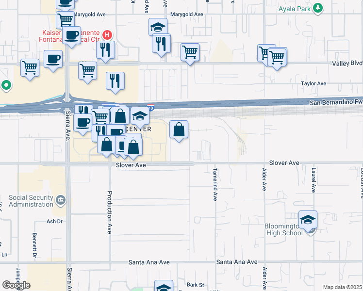 map of restaurants, bars, coffee shops, grocery stores, and more near 17300 Slover Avenue in Fontana