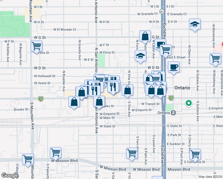 map of restaurants, bars, coffee shops, grocery stores, and more near 613 West Vesta Street in Ontario