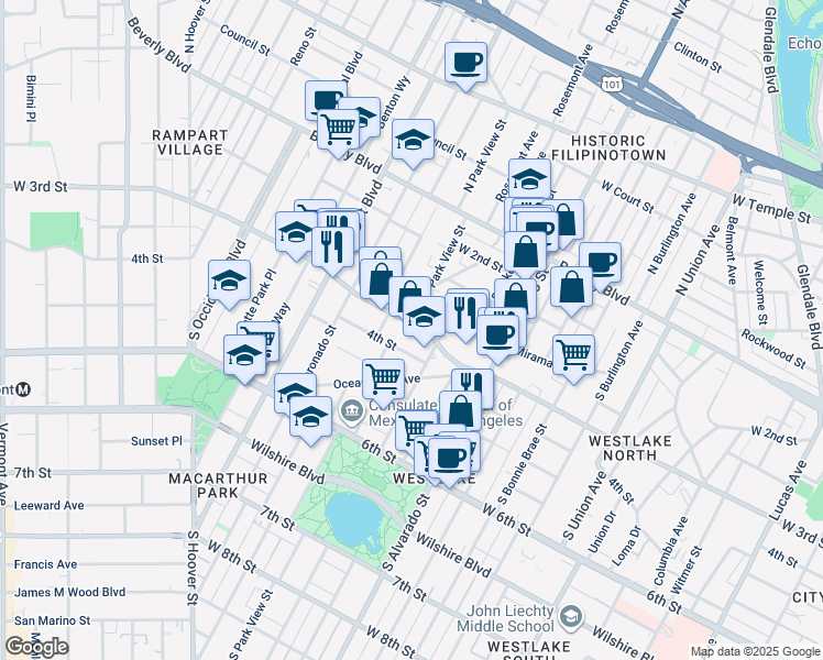 map of restaurants, bars, coffee shops, grocery stores, and more near 2332 Miramar Street in Los Angeles
