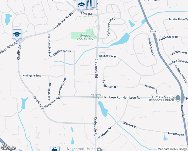 map of restaurants, bars, coffee shops, grocery stores, and more near 11660 Crabapple Road in Roswell