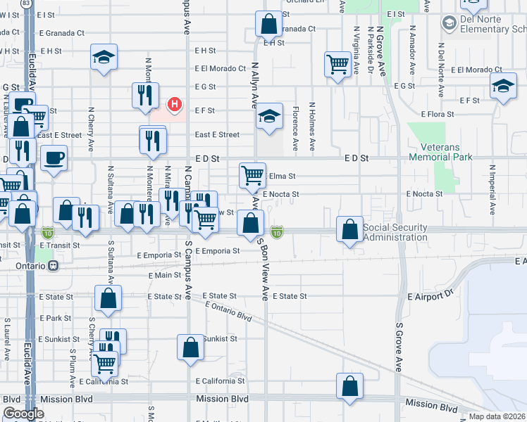 map of restaurants, bars, coffee shops, grocery stores, and more near 225 North Allyn Avenue in Ontario