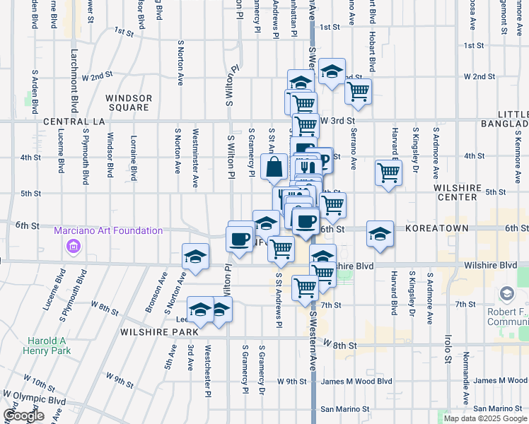 map of restaurants, bars, coffee shops, grocery stores, and more near 533 South Saint Andrews Place in Los Angeles
