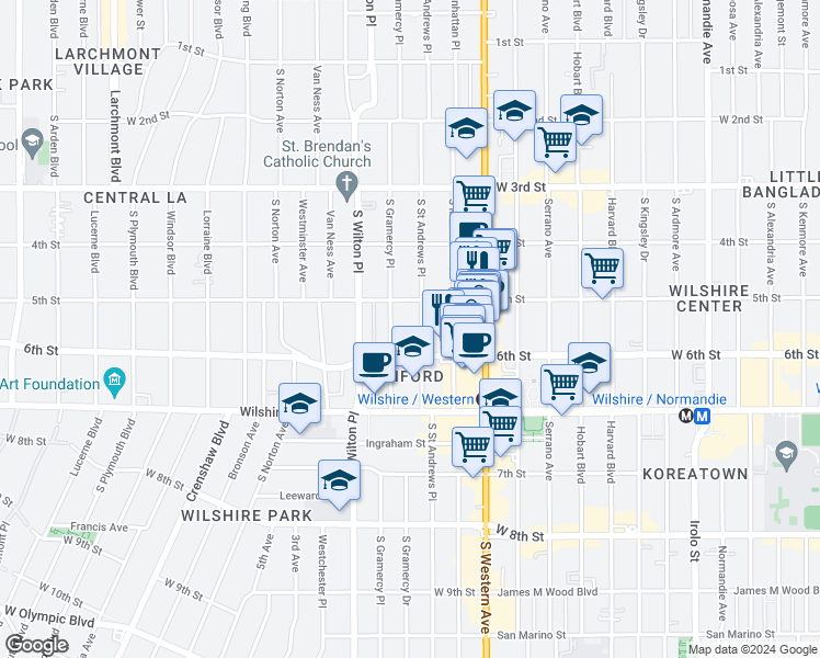 map of restaurants, bars, coffee shops, grocery stores, and more near 533 South Saint Andrews Place in Los Angeles