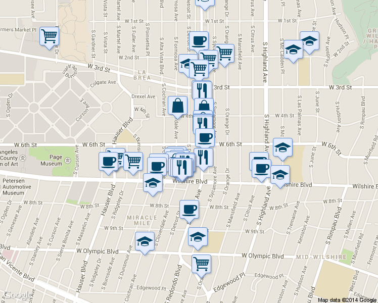 map of restaurants, bars, coffee shops, grocery stores, and more near 465 South Detroit Street in Los Angeles