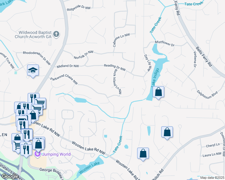 map of restaurants, bars, coffee shops, grocery stores, and more near 4803 Oxford Walk in Acworth