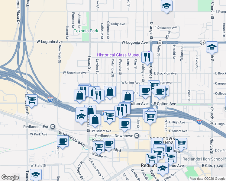map of restaurants, bars, coffee shops, grocery stores, and more near 936 Columbia Street in Redlands