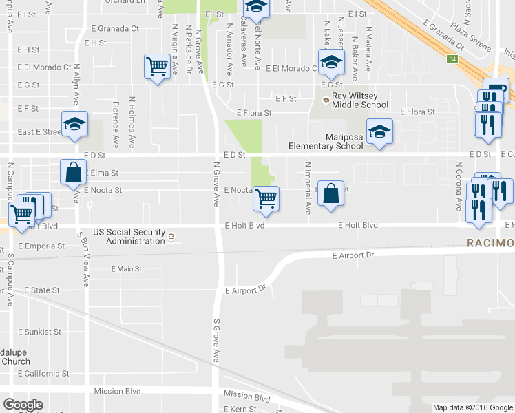 map of restaurants, bars, coffee shops, grocery stores, and more near 1315 East Holt Boulevard in Ontario
