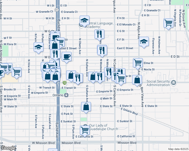 map of restaurants, bars, coffee shops, grocery stores, and more near 528 East Nocta Street in Ontario