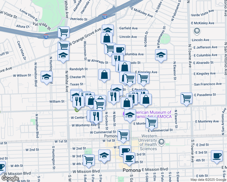map of restaurants, bars, coffee shops, grocery stores, and more near 215 West Pearl Street in Pomona