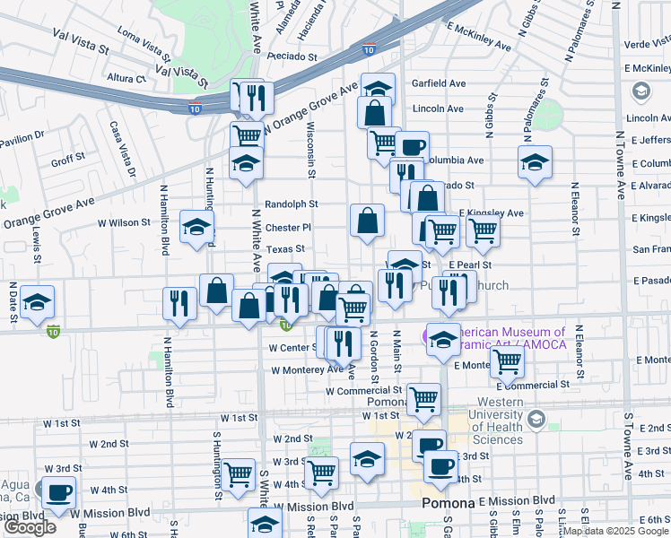 map of restaurants, bars, coffee shops, grocery stores, and more near 740 Wisconsin Street in Pomona
