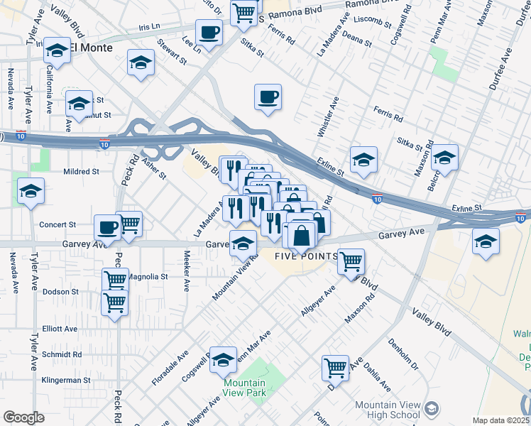 map of restaurants, bars, coffee shops, grocery stores, and more near 11825 Valley Boulevard in El Monte