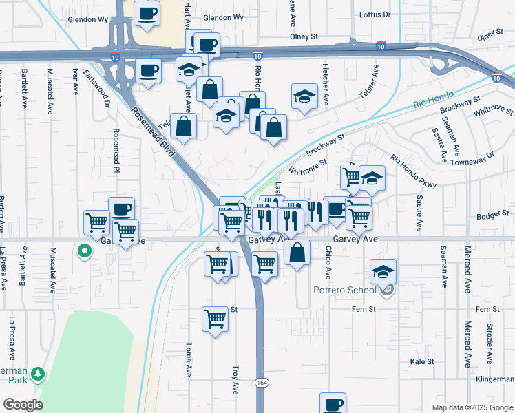 map of restaurants, bars, coffee shops, grocery stores, and more near 9457 Cortada Street in El Monte