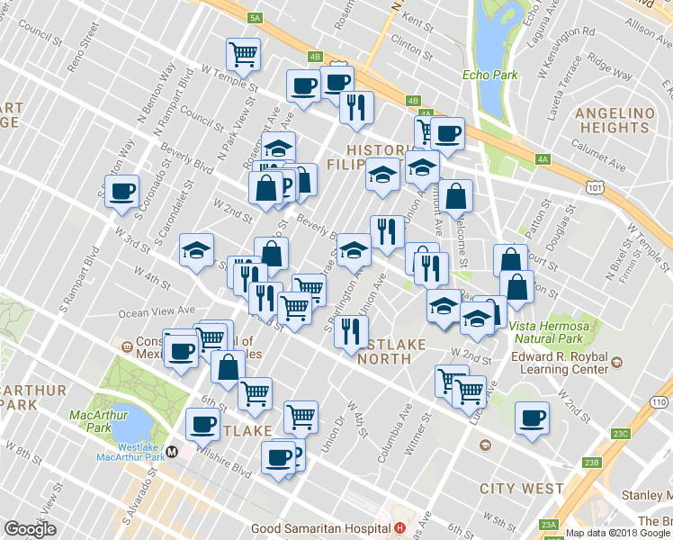 map of restaurants, bars, coffee shops, grocery stores, and more near 1850 Beverly Boulevard in Los Angeles
