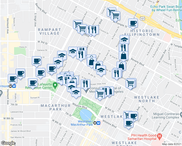 map of restaurants, bars, coffee shops, grocery stores, and more near 2411 West 3rd Street in Los Angeles