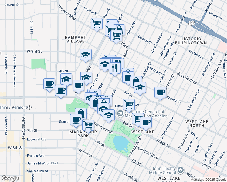 map of restaurants, bars, coffee shops, grocery stores, and more near 336 South Rampart Boulevard in Los Angeles