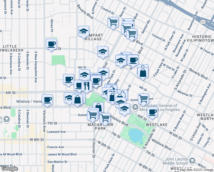 map of restaurants, bars, coffee shops, grocery stores, and more near 435 South La Fayette Park Place in Los Angeles