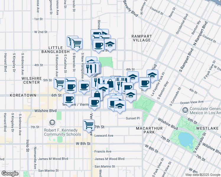 map of restaurants, bars, coffee shops, grocery stores, and more near 501 South Westmoreland Avenue in Los Angeles