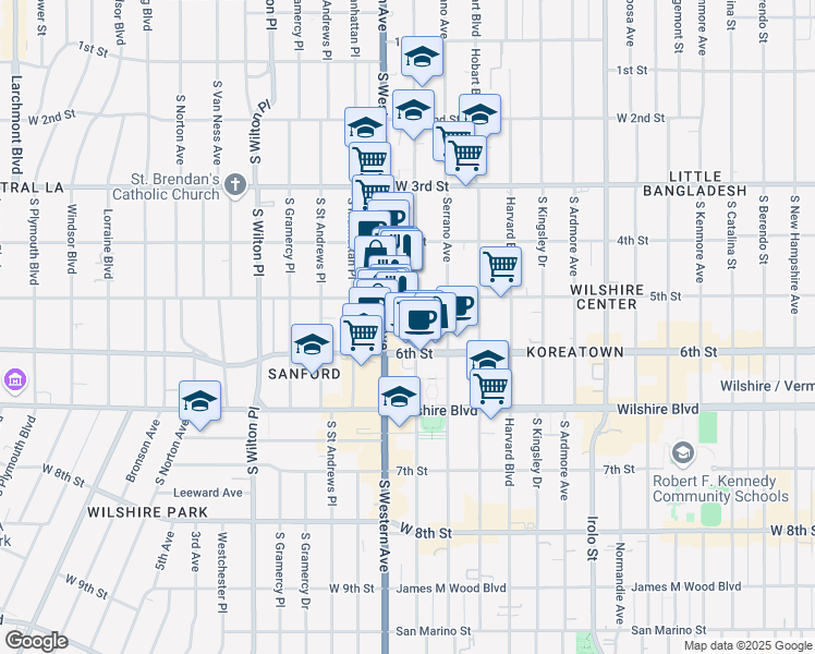map of restaurants, bars, coffee shops, grocery stores, and more near 501 South Oxford Avenue in Los Angeles