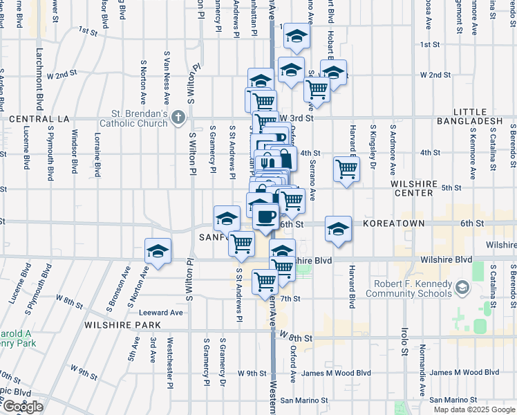 map of restaurants, bars, coffee shops, grocery stores, and more near 535 South Western Avenue in Los Angeles