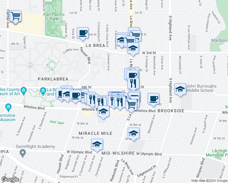 map of restaurants, bars, coffee shops, grocery stores, and more near 5525 West 6th Street in Los Angeles