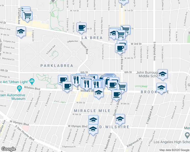 map of restaurants, bars, coffee shops, grocery stores, and more near 5566 West 6th Street in Los Angeles