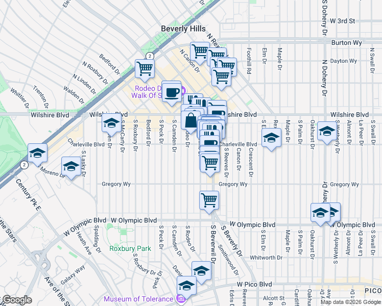 map of restaurants, bars, coffee shops, grocery stores, and more near 208 South Rodeo Drive in Beverly Hills