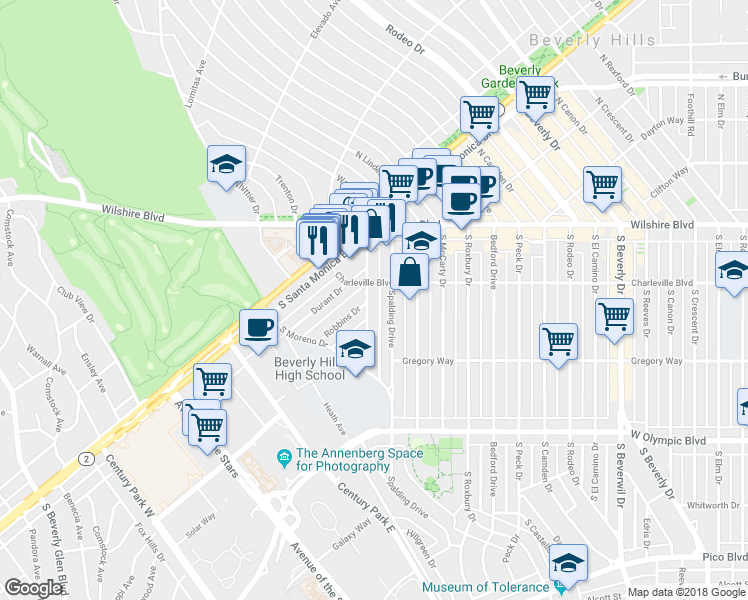 map of restaurants, bars, coffee shops, grocery stores, and more near 201 Charleville Boulevard in Beverly Hills