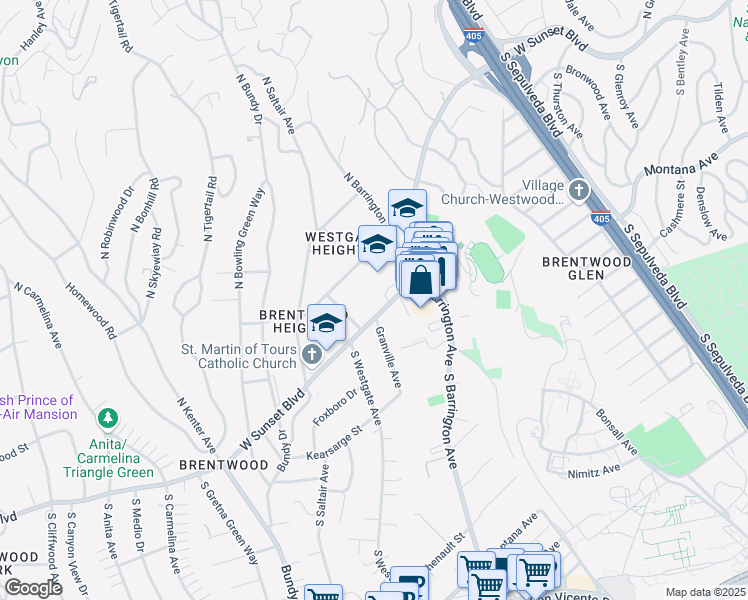map of restaurants, bars, coffee shops, grocery stores, and more near 11725 Sunset Boulevard in Los Angeles