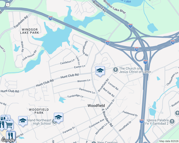 map of restaurants, bars, coffee shops, grocery stores, and more near 7912 Exeter Lane in Columbia