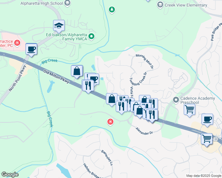 map of restaurants, bars, coffee shops, grocery stores, and more near 3019 Camden Way in Alpharetta