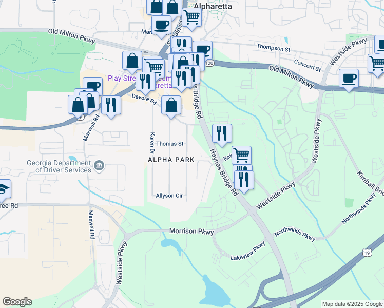 map of restaurants, bars, coffee shops, grocery stores, and more near 404 Jon Scott Drive in Alpharetta