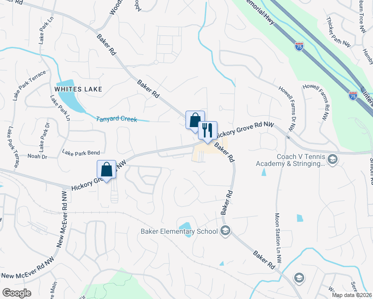 map of restaurants, bars, coffee shops, grocery stores, and more near 2700 Hickory Grove Road Northwest in Acworth