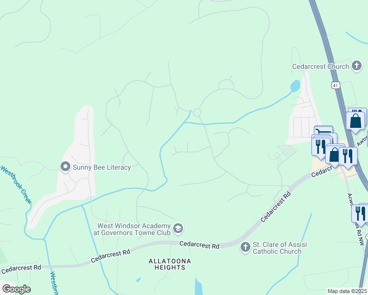 map of restaurants, bars, coffee shops, grocery stores, and more near 19 Troup Court in Acworth