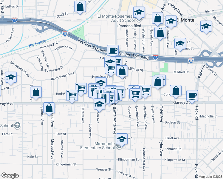 map of restaurants, bars, coffee shops, grocery stores, and more near 3141 Santa Anita Avenue in El Monte